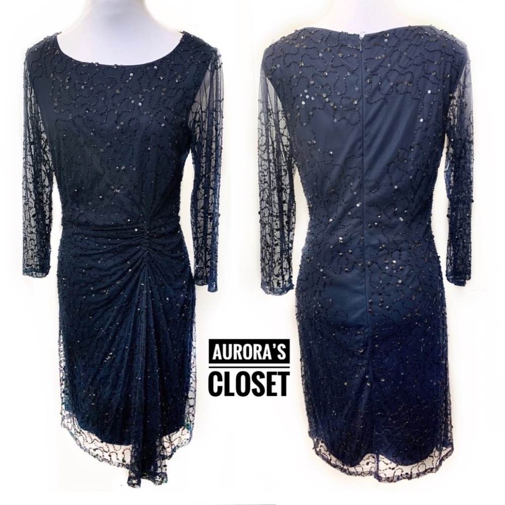 Rickie Freeman 4 Blue Sequin Cocktail Dress Beaded Overlay Long Sleeve $695